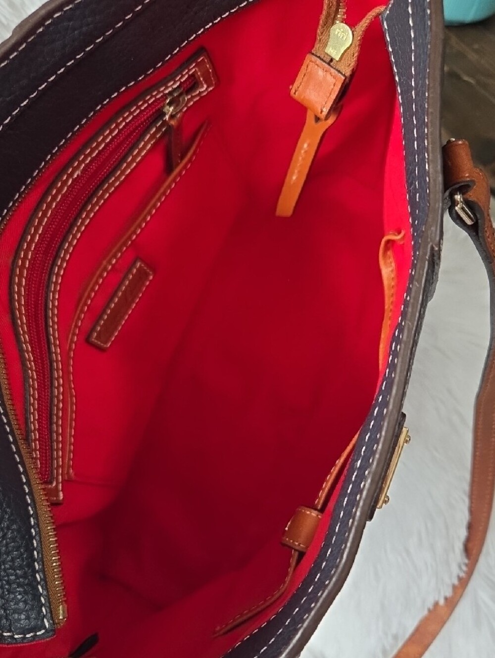 Dooney & Bourke Dark Blue Tote with Brown Trim and Straps - Picture 4 of 10